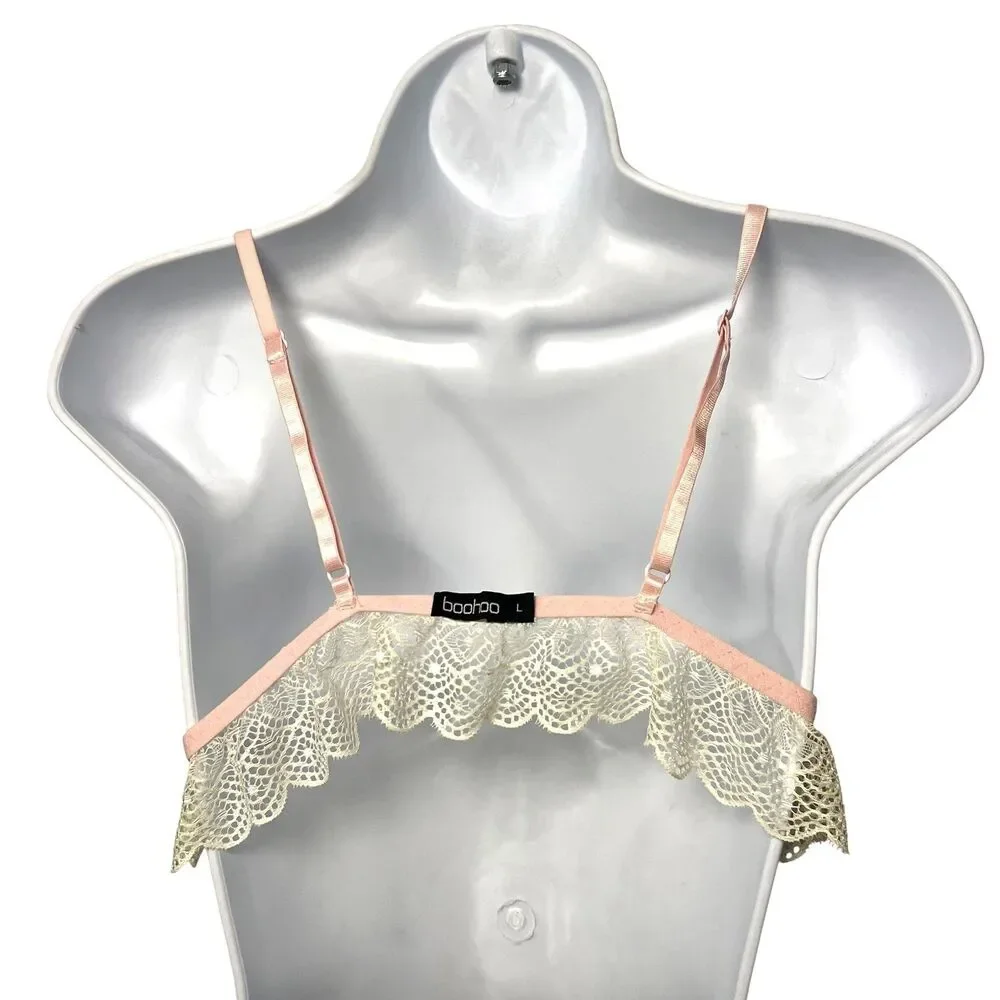 Boohoo Bralette Bra Women's L White Lace Wireless Ruffle Hem Adjustable Straps